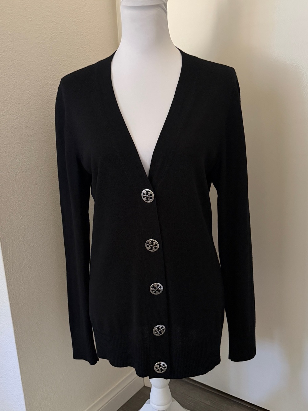 Classic Tory Burch Black Merino Wool V-Neck Silver Button Cardigan | Size L